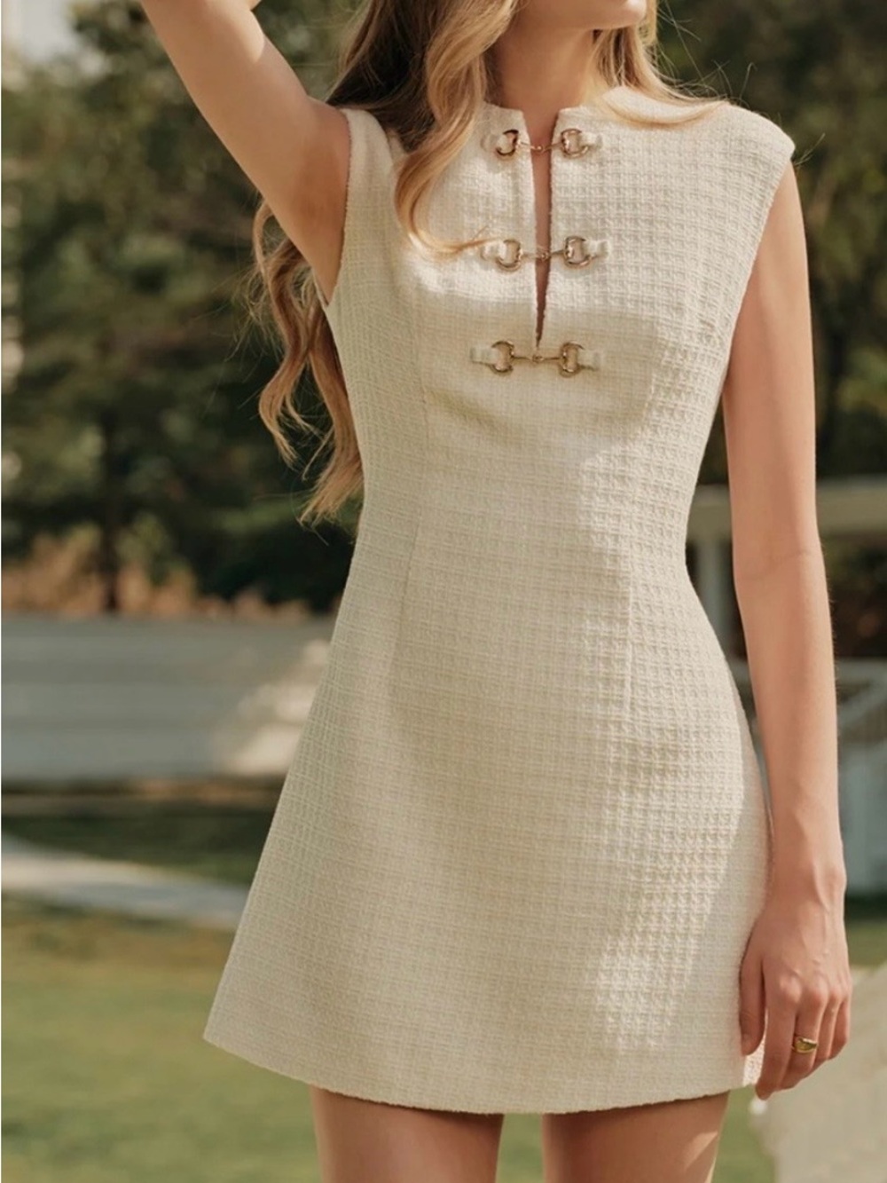 Commense NWT Cream Tweed mini Dress with Gold Hardware